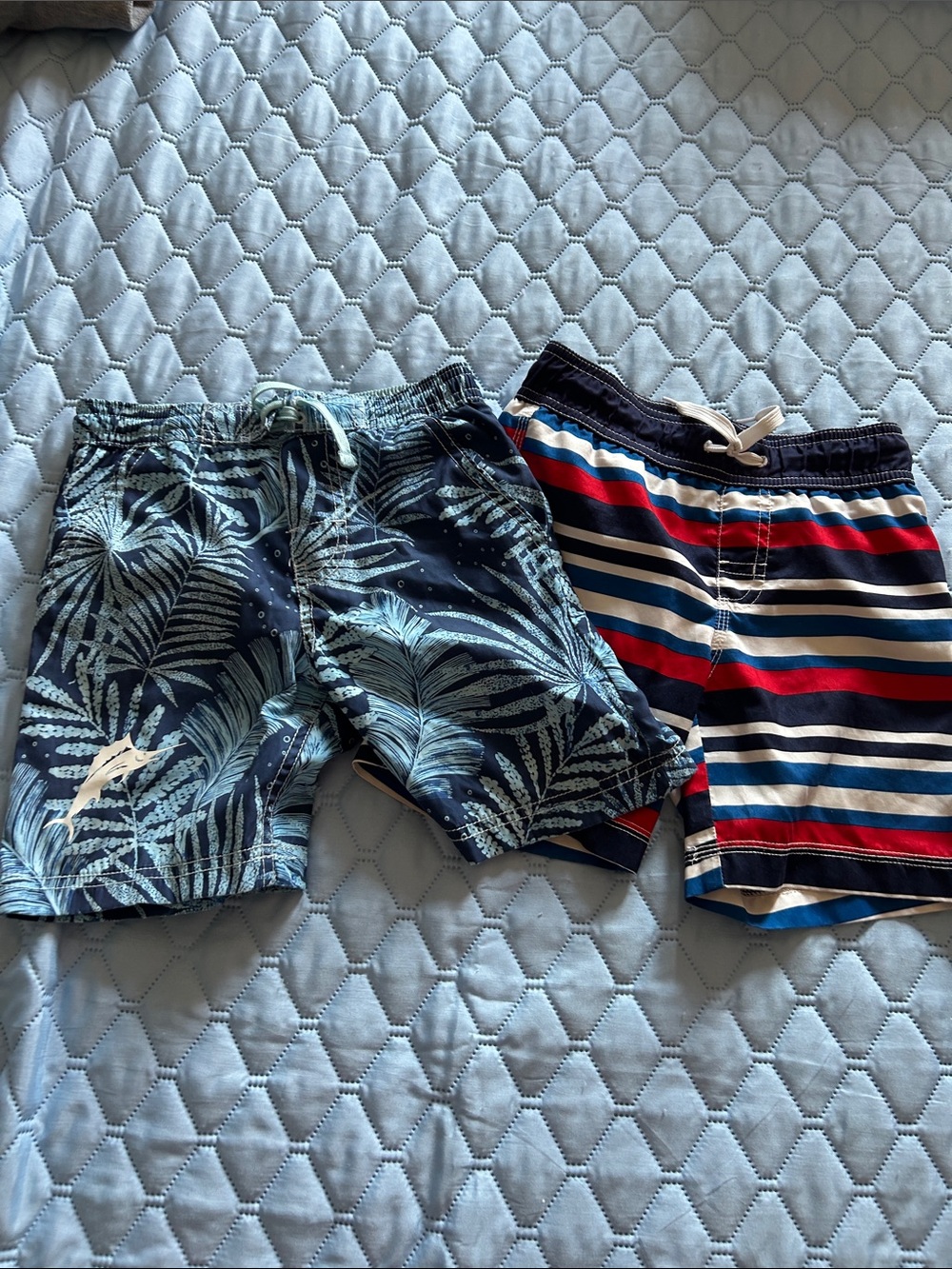 Tommy Bahama Boys Navy Tropical Print and Red Blue Stripe Swim Shorts